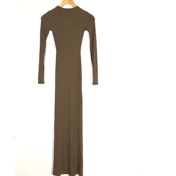SKIMS Soft Lounge Dress Ribbed Crew Neck Long Sleeve Maxi Oxide Brown NWT XXS